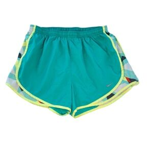 NIKE WOMEN'S TEMPO DRI-FIT RUNNING SHORTS IN GREENISH BLUE, YELLOW AND P…